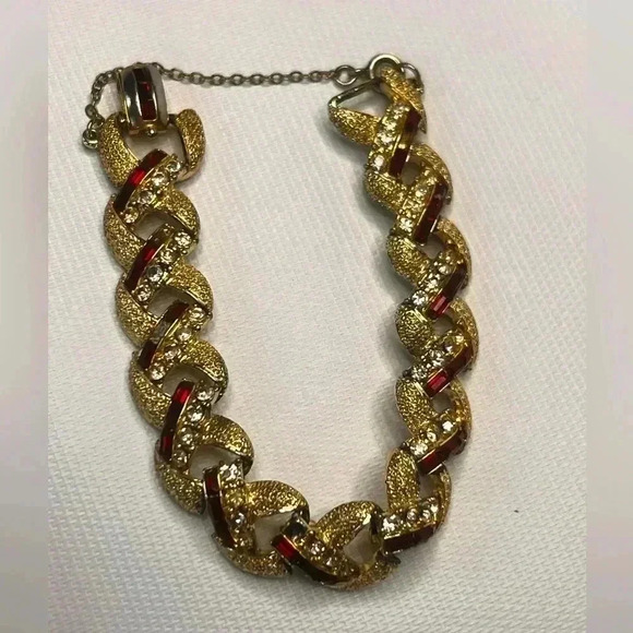 Rare Vintage Coro Adolph Katz Link ruby rhinestone brushed gold Bracelet - Picture 1 of 16